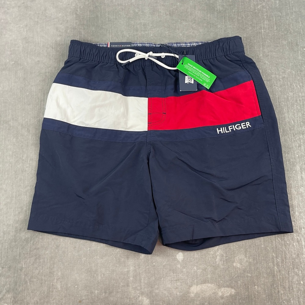 Tommy Hilfiger Mens L Navy Blue Swim Trunks Colorblock 7 Inch Inseam Shorts